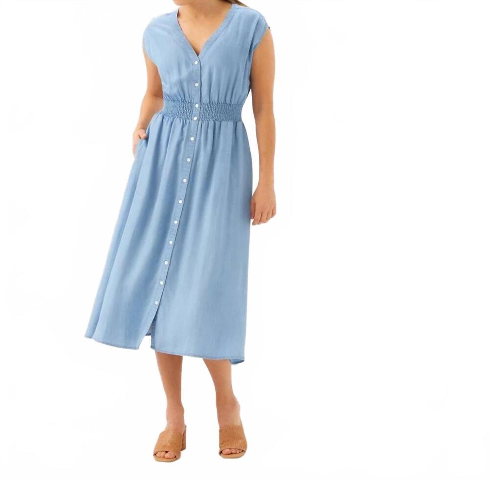 NEW KAREN KANE cap sleeve smocked waist button-up midi dress - petite in chambra